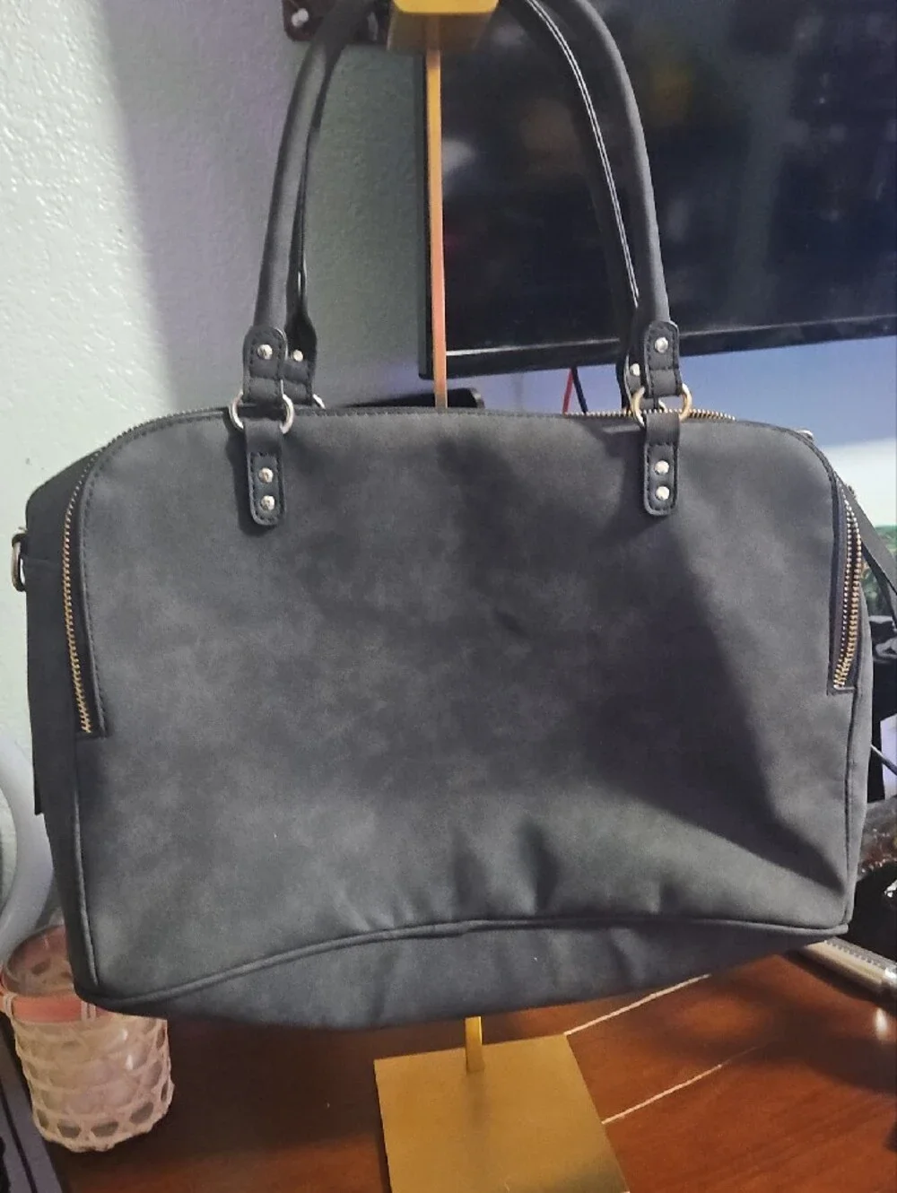 Women's Black Structured Satchel with Gold Zipper Accents